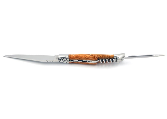 Laguiole pliant, 12 cm, abeille forgée, lame & tire-bouchon & poinçon, mitres inox brillant, manche en olivier
