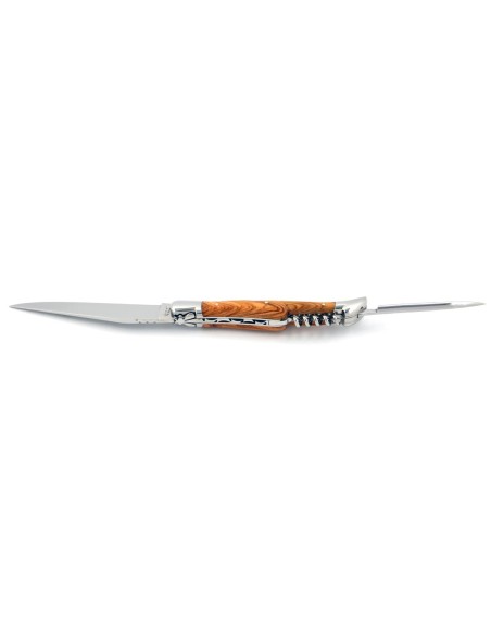 Laguiole pliant, 12 cm, abeille forgée, lame & tire-bouchon & poinçon, mitres inox brillant, manche en olivier