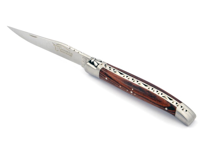 Laguiole pliant, 11 cm, abeille forgée, lame seule, mitres inox mat, manche en bois de violette