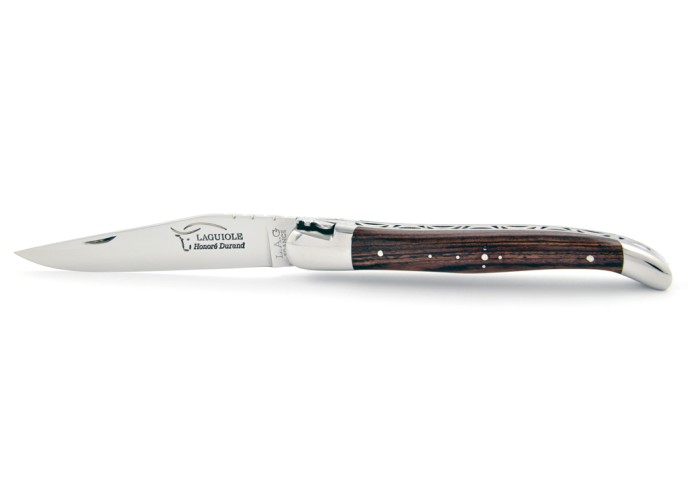 Laguiole pliant, 12 cm, abeille forgée, lame seule, mitres inox brillant, manche bois de violette