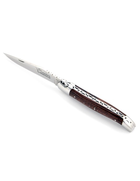Laguiole pliant, 11 cm, abeille forgée, lame seule, mitres inox brillant, manche en bois de violette