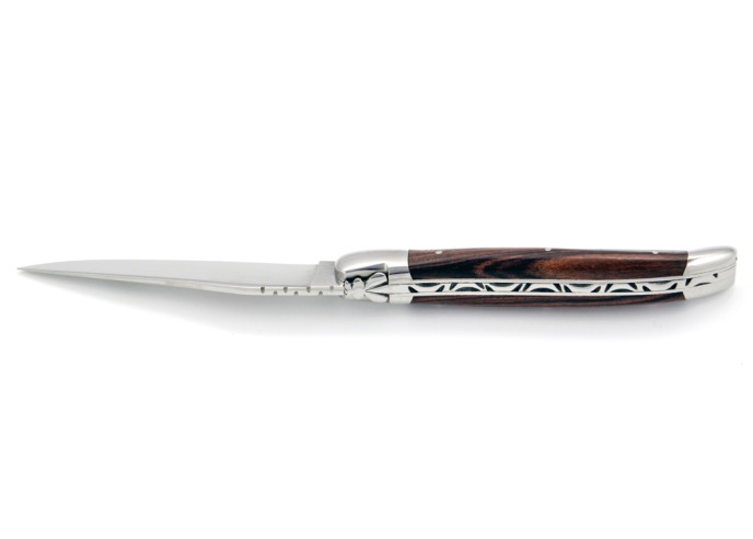 Laguiole pliant, 12 cm, abeille forgée, lame seule, mitres inox brillant, manche bois de violette