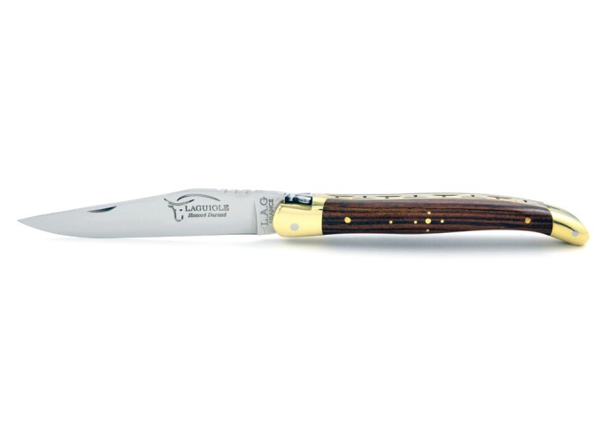 Laguiole pliant, 11 cm, abeille forgée, lame seule, mitres laiton, manche en bois de violette