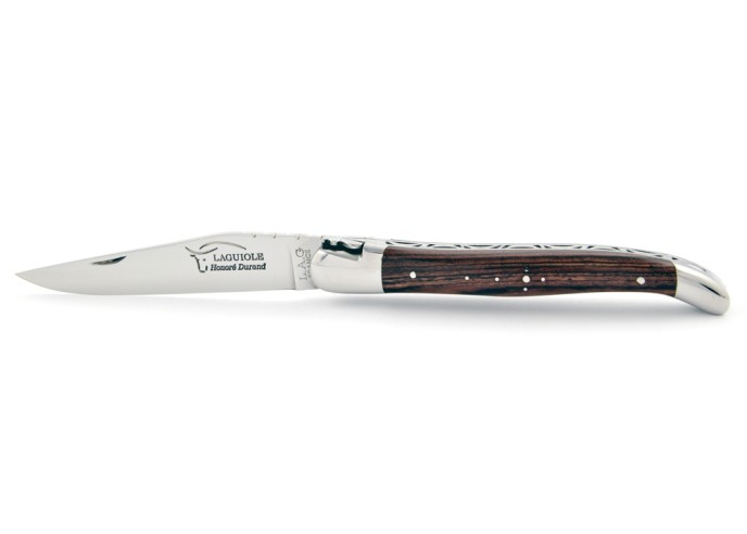 Laguiole pliant, 11 cm, abeille forgée, lame seule, mitres inox brillant, manche en bois de violette