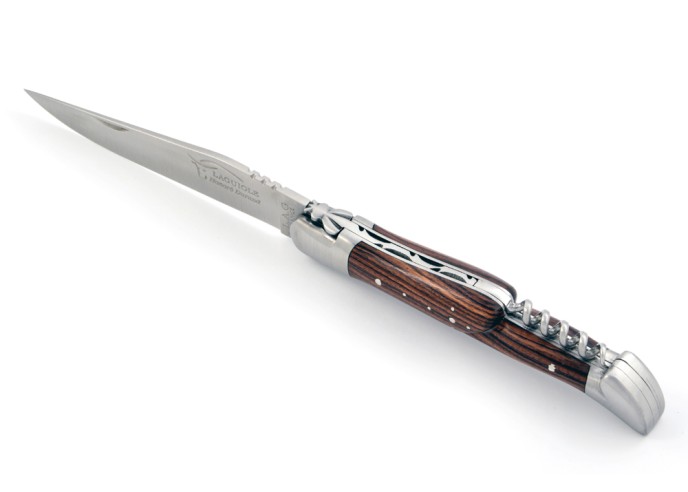Laguiole pliant, 12 cm, abeille forgée, lame & tire-bouchon, mitres inox mat, manche bois de violette