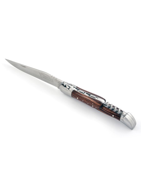 Laguiole pliant, 12 cm, abeille forgée, lame & tire-bouchon, mitres inox mat, manche bois de violette