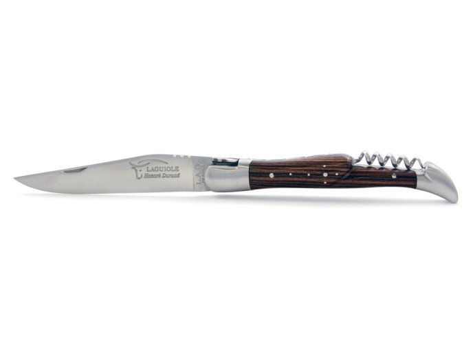 Laguiole pliant, 12 cm, abeille forgée, lame & tire-bouchon, mitres inox mat, manche bois de violette
