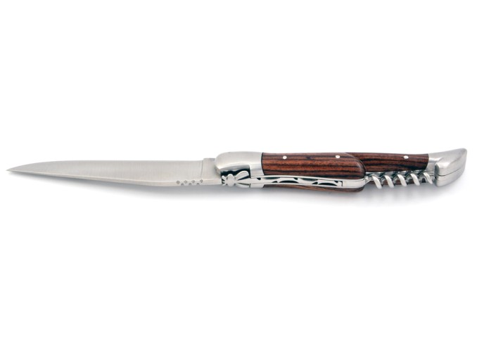 Laguiole pliant, 12 cm, abeille forgée, lame & tire-bouchon, mitres inox mat, manche bois de violette