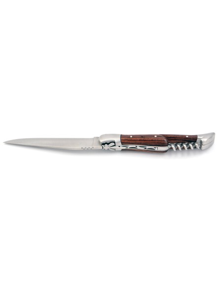 Laguiole pliant, 12 cm, abeille forgée, lame & tire-bouchon, mitres inox mat, manche bois de violette