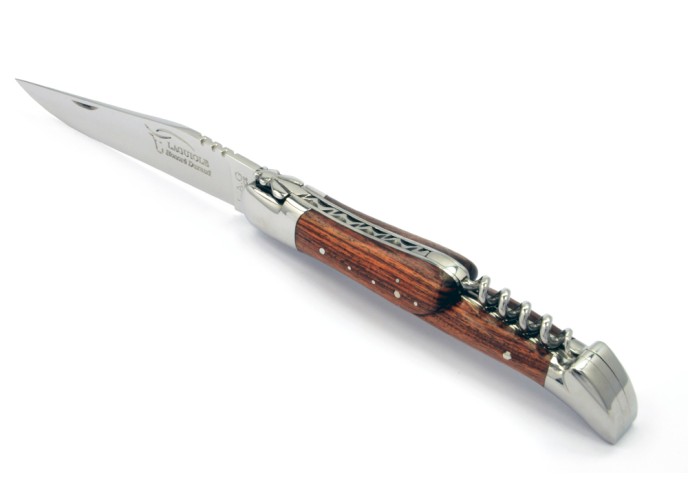 Laguiole pliant, 12 cm, abeille forgée, lame & tire-bouchon, manche bois de violette