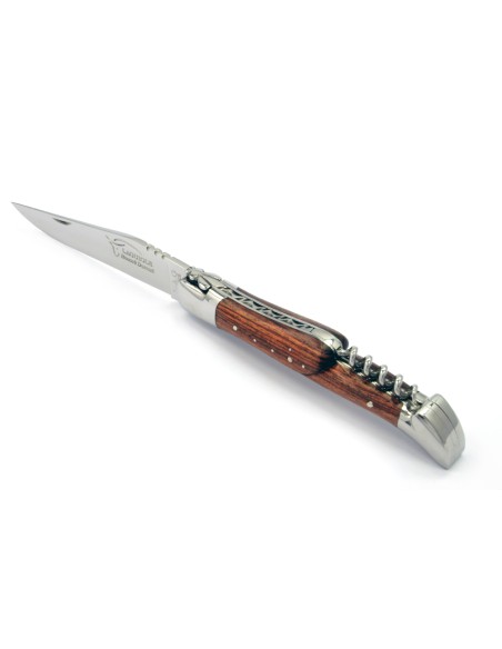 Laguiole pliant, 12 cm, abeille forgée, lame & tire-bouchon, manche bois de violette