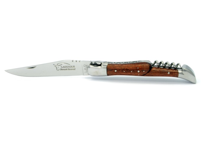 Laguiole pliant, 12 cm, abeille forgée, lame & tire-bouchon, manche bois de violette