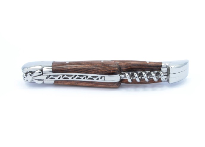 Laguiole pliant, 12 cm, abeille forgée, lame & tire-bouchon, manche bois de violette
