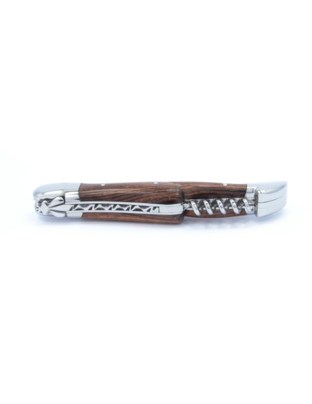 Laguiole pliant, 12 cm, abeille forgée, lame & tire-bouchon, manche bois de violette