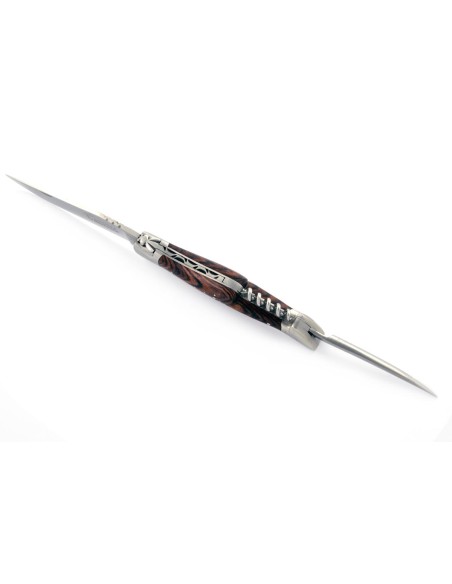 Laguiole pliant, 12 cm, abeille forgée, lame & tire-bouchon & poinçon, mitres inox mat, manche bois de violette