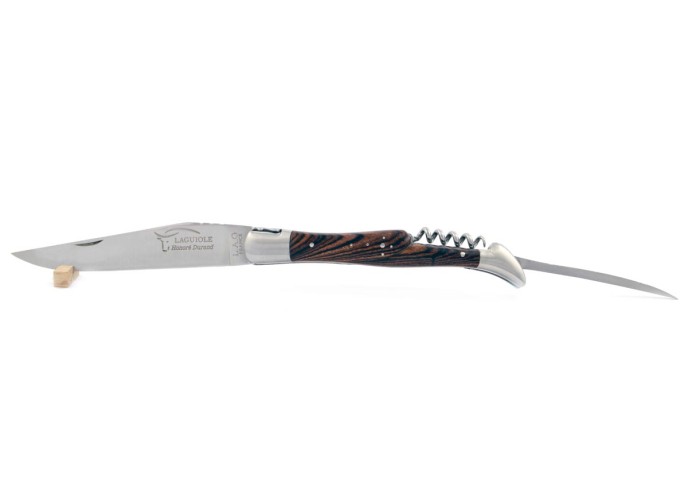 Laguiole pliant, 12 cm, abeille forgée, lame & tire-bouchon & poinçon, mitres inox mat, manche bois de violette