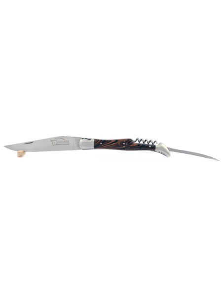 Laguiole pliant, 12 cm, abeille forgée, lame & tire-bouchon & poinçon, mitres inox mat, manche bois de violette
