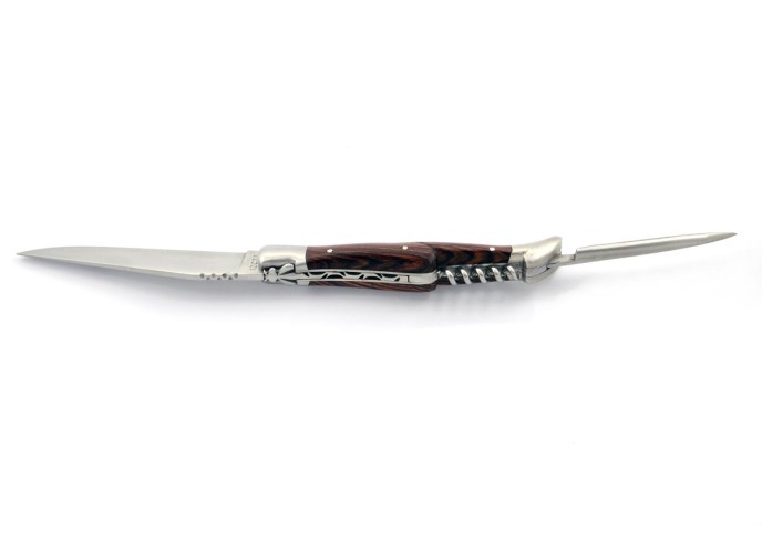 Laguiole pliant, 12 cm, abeille forgée, lame & tire-bouchon & poinçon, mitres inox mat, manche bois de violette