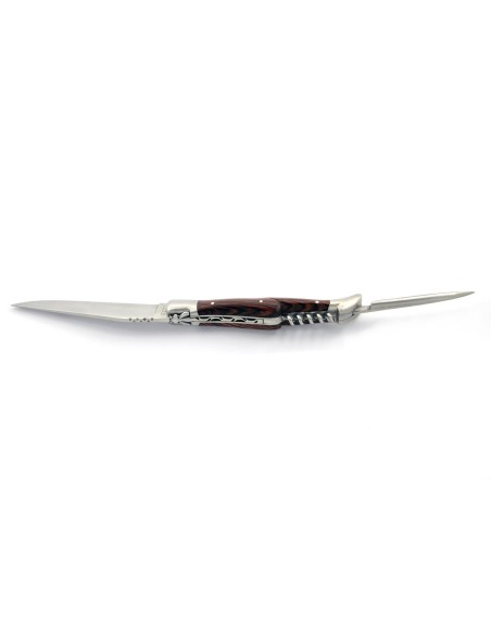 Laguiole pliant, 12 cm, abeille forgée, lame & tire-bouchon & poinçon, mitres inox mat, manche bois de violette