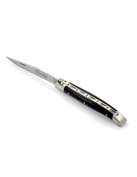 Laguiole pliant, 11 cm, abeille forgée, lame seule, mitres inox mat, manche en ébène