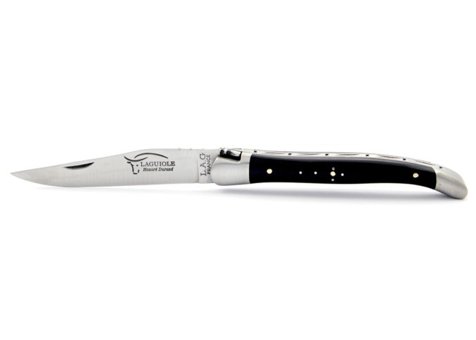 Laguiole pliant, 11 cm, abeille forgée, lame seule, mitres inox mat, manche en ébène