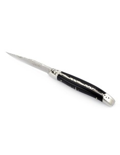 Laguiole pliant 11 cm, abeille forgée, lame seule, ciselé dessus-dessous, mitres inox brillant, manche bois d'ébène