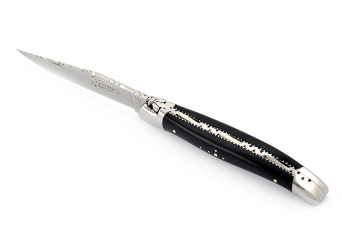 Laguiole pliant 11 cm, abeille forgée, lame seule, ciselé dessus-dessous, mitres inox brillant, manche bois d'ébène