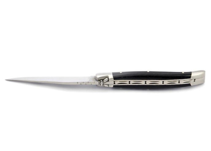 Laguiole pliant, 11 cm, abeille forgée, lame seule, mitres inox mat, manche en ébène