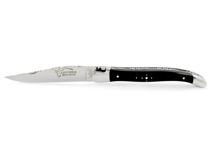 Laguiole pliant 11 cm, abeille forgée, lame seule, ciselé dessus-dessous, mitres inox brillant, manche bois d'ébène