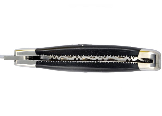 Laguiole pliant 11 cm, abeille forgée, lame seule, ciselé dessus-dessous, mitres inox brillant, manche bois d'ébène