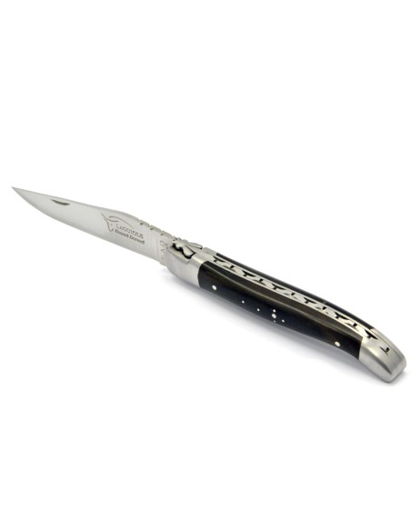 Laguiole pliant, 12 cm, abeille forgée, lame seule, mitres inox mat, manche en bois d'ébène