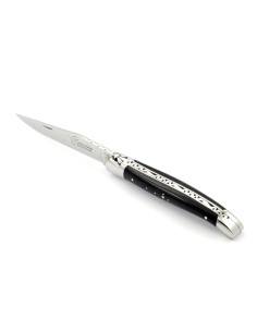 Laguiole pliant, 11 cm, abeille forgée, lame seule, mitres inox brillant, manche bois d'ébène