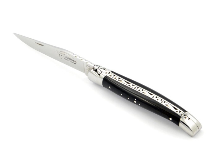 Laguiole pliant, 11 cm, abeille forgée, lame seule, mitres inox brillant, manche bois d'ébène