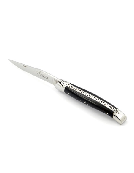 Laguiole pliant, 11 cm, abeille forgée, lame seule, mitres inox brillant, manche bois d'ébène