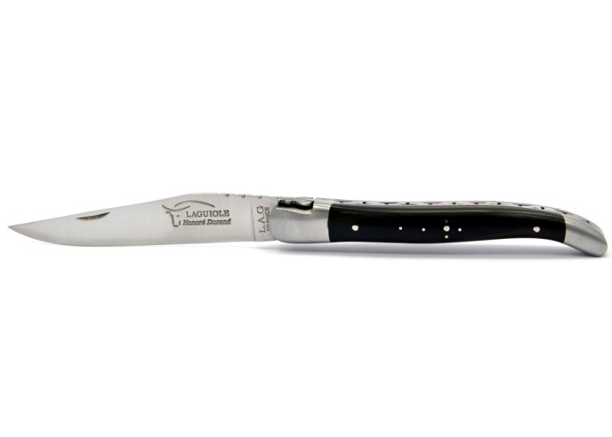 Laguiole pliant, 12 cm, abeille forgée, lame seule, mitres inox mat, manche en bois d'ébène