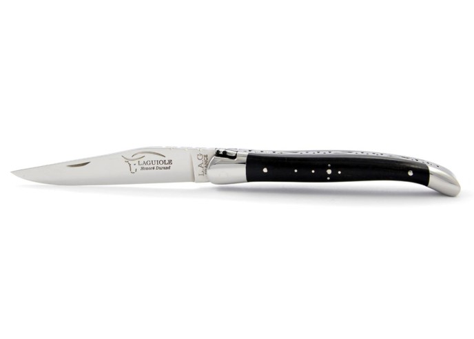 Laguiole pliant, 11 cm, abeille forgée, lame seule, mitres inox brillant, manche bois d'ébène