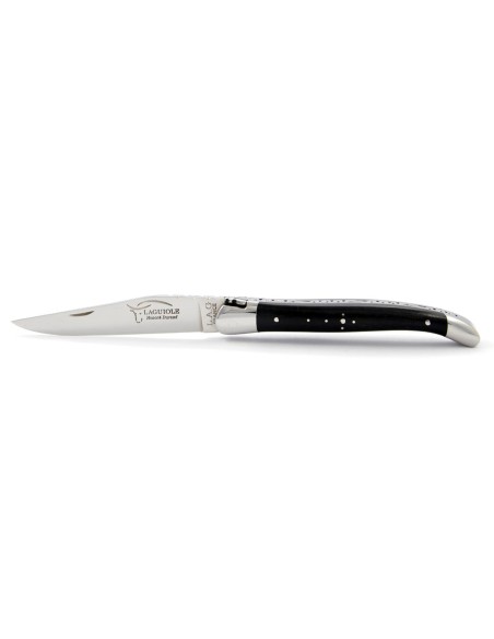 Laguiole pliant, 11 cm, abeille forgée, lame seule, mitres inox brillant, manche bois d'ébène