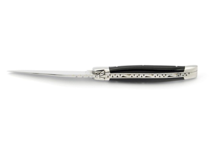 Laguiole pliant, 11 cm, abeille forgée, lame seule, mitres inox brillant, manche bois d'ébène