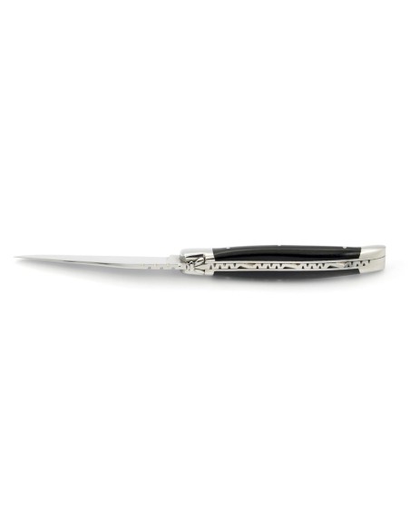 Laguiole pliant, 11 cm, abeille forgée, lame seule, mitres inox brillant, manche bois d'ébène