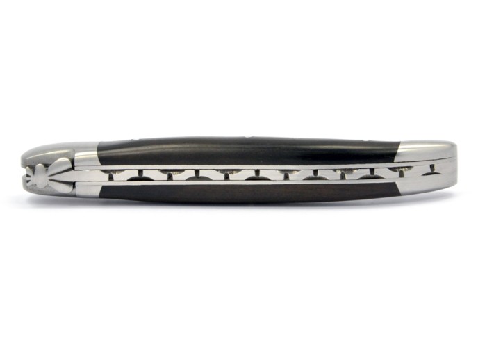 Laguiole pliant, 12 cm, abeille forgée, lame seule, mitres inox mat, manche en bois d'ébène