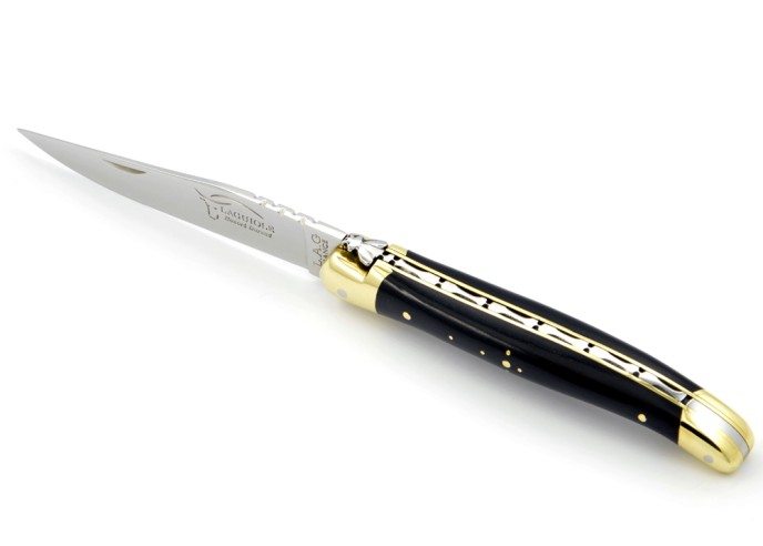 Laguiole pliant, 11 cm, abeille forgée, lame seule, mitres laiton, manche en ébène