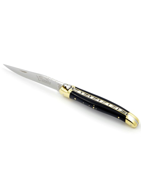 Laguiole pliant, 11 cm, abeille forgée, lame seule, mitres laiton, manche en ébène