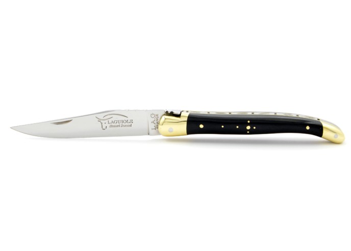 Laguiole pliant, 11 cm, abeille forgée, lame seule, mitres laiton, manche en ébène