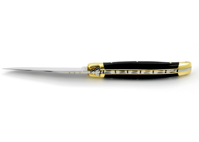 Laguiole pliant, 11 cm, abeille forgée, lame seule, mitres laiton, manche en ébène