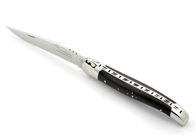 Laguiole pliant, 12 cm, abeille forgée, lame seule, mitres inox brillant, manche en bois d'ébène