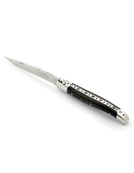 Laguiole pliant, 12 cm, abeille forgée, lame seule, mitres inox brillant, manche en bois d'ébène
