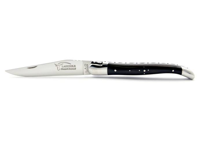 Laguiole pliant, 12 cm, abeille forgée, lame seule, mitres inox brillant, manche en bois d'ébène