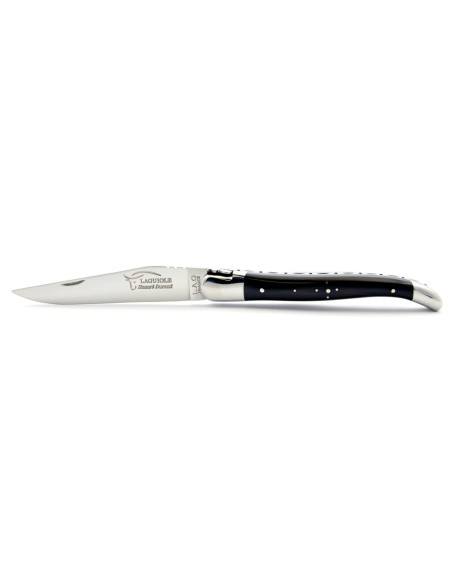 Laguiole pliant, 12 cm, abeille forgée, lame seule, mitres inox brillant, manche en bois d'ébène