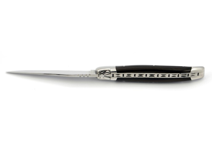 Laguiole pliant, 12 cm, abeille forgée, lame seule, mitres inox brillant, manche en bois d'ébène