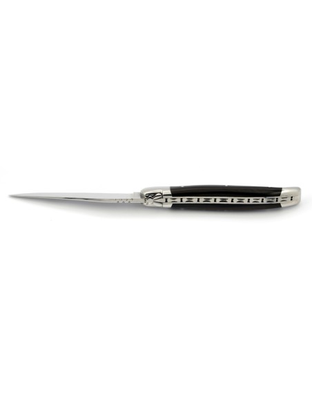 Laguiole pliant, 12 cm, abeille forgée, lame seule, mitres inox brillant, manche en bois d'ébène